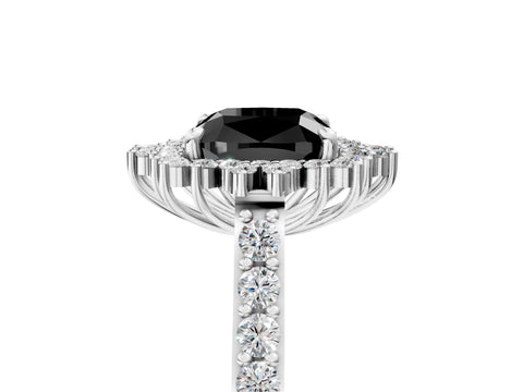 White gold Fancy Black Cushion Cut Cut Diamond Sunburst Halo Engagement Ring with Pavé Band_17