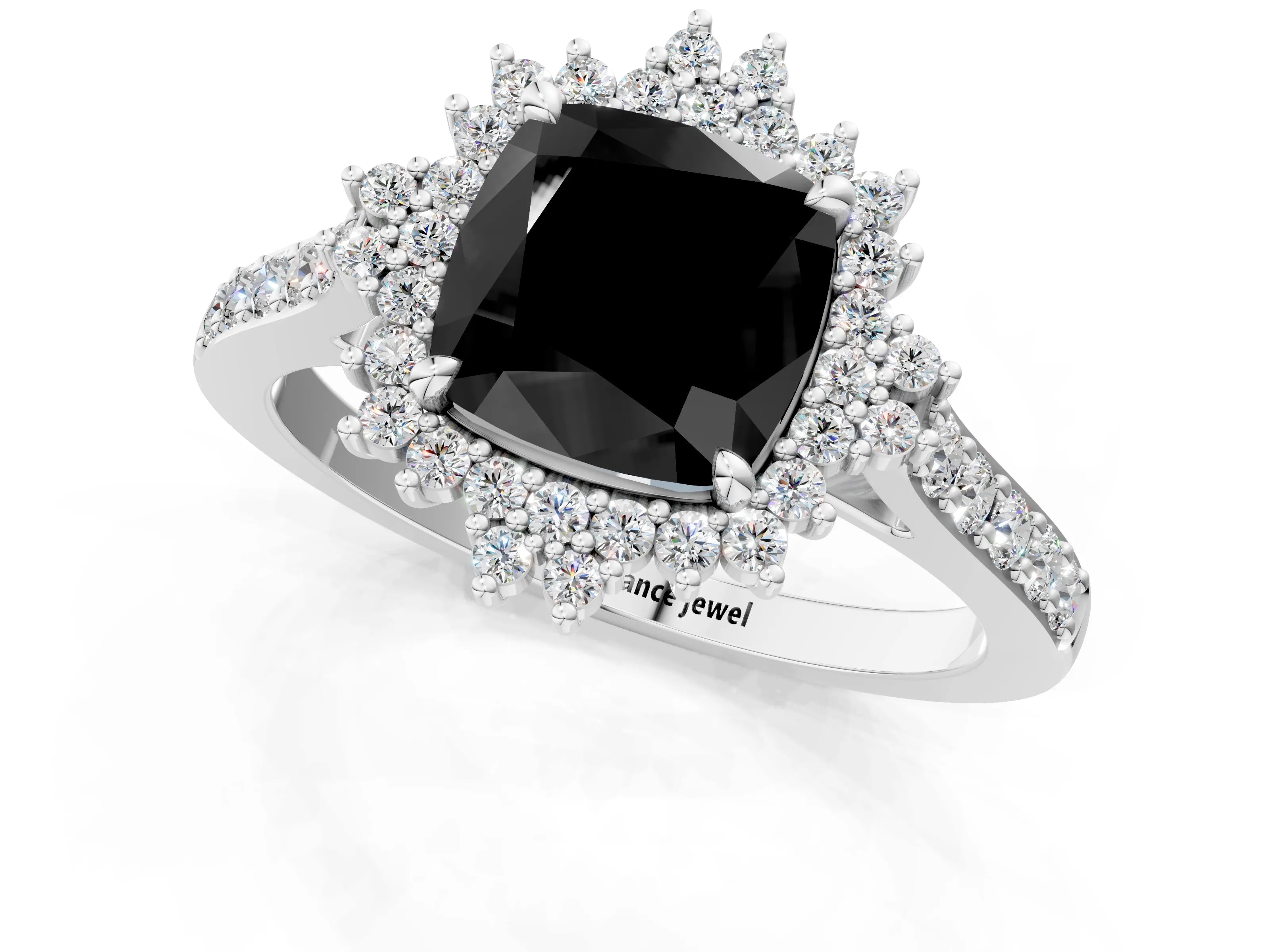 White gold Fancy Black Cushion Cut Cut Diamond Sunburst Halo Engagement Ring with Pavé Band_1