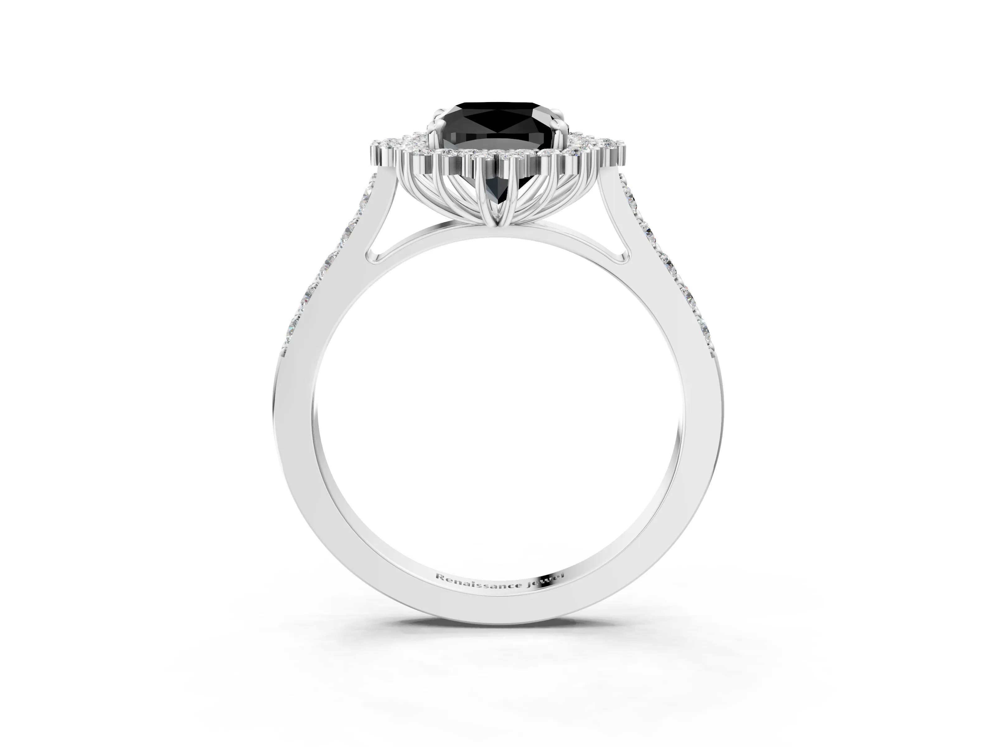 White gold Fancy Black Cushion Cut Cut Diamond Sunburst Halo Engagement Ring with Pavé Band_3