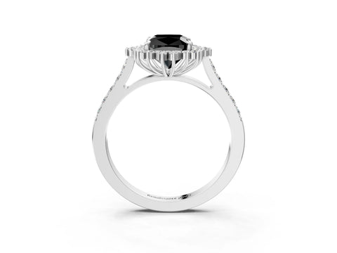 White gold Fancy Black Cushion Cut Cut Diamond Sunburst Halo Engagement Ring with Pavé Band_3