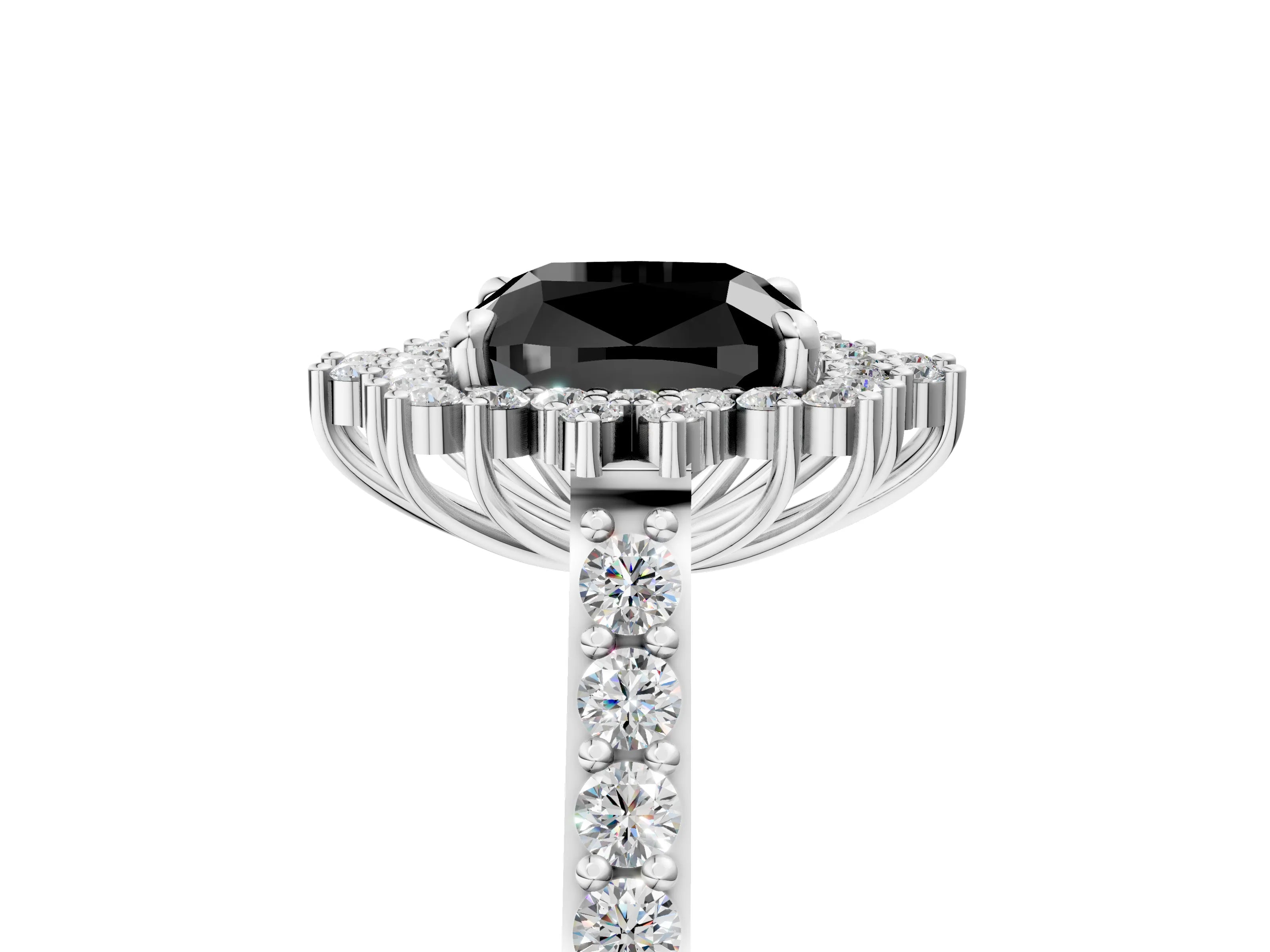 White gold Fancy Black Cushion Cut Cut Diamond Sunburst Halo Engagement Ring with Pavé Band_5