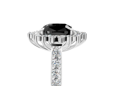 White gold Fancy Black Cushion Cut Cut Diamond Sunburst Halo Engagement Ring with Pavé Band_5