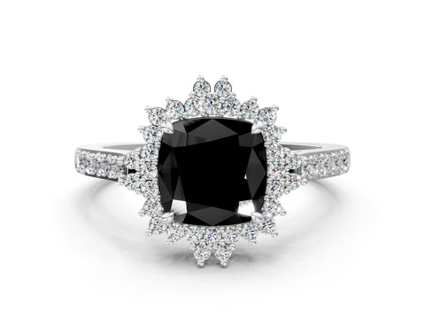 White gold Fancy Black Cushion Cut Cut Diamond Sunburst Halo Engagement Ring with Pavé Band
