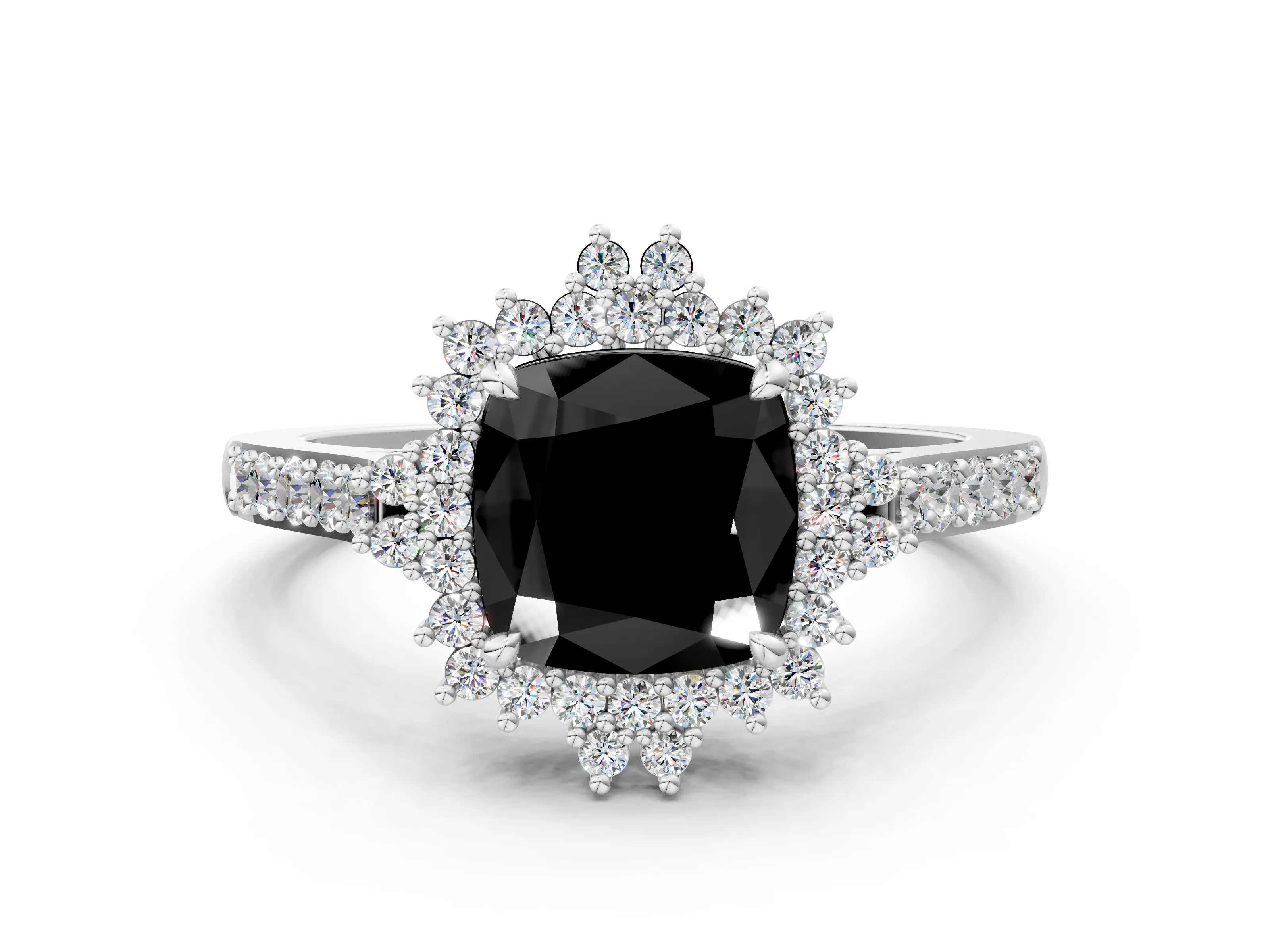 White gold Fancy Black Cushion Cut Cut Diamond Sunburst Halo Engagement Ring with Pavé Band