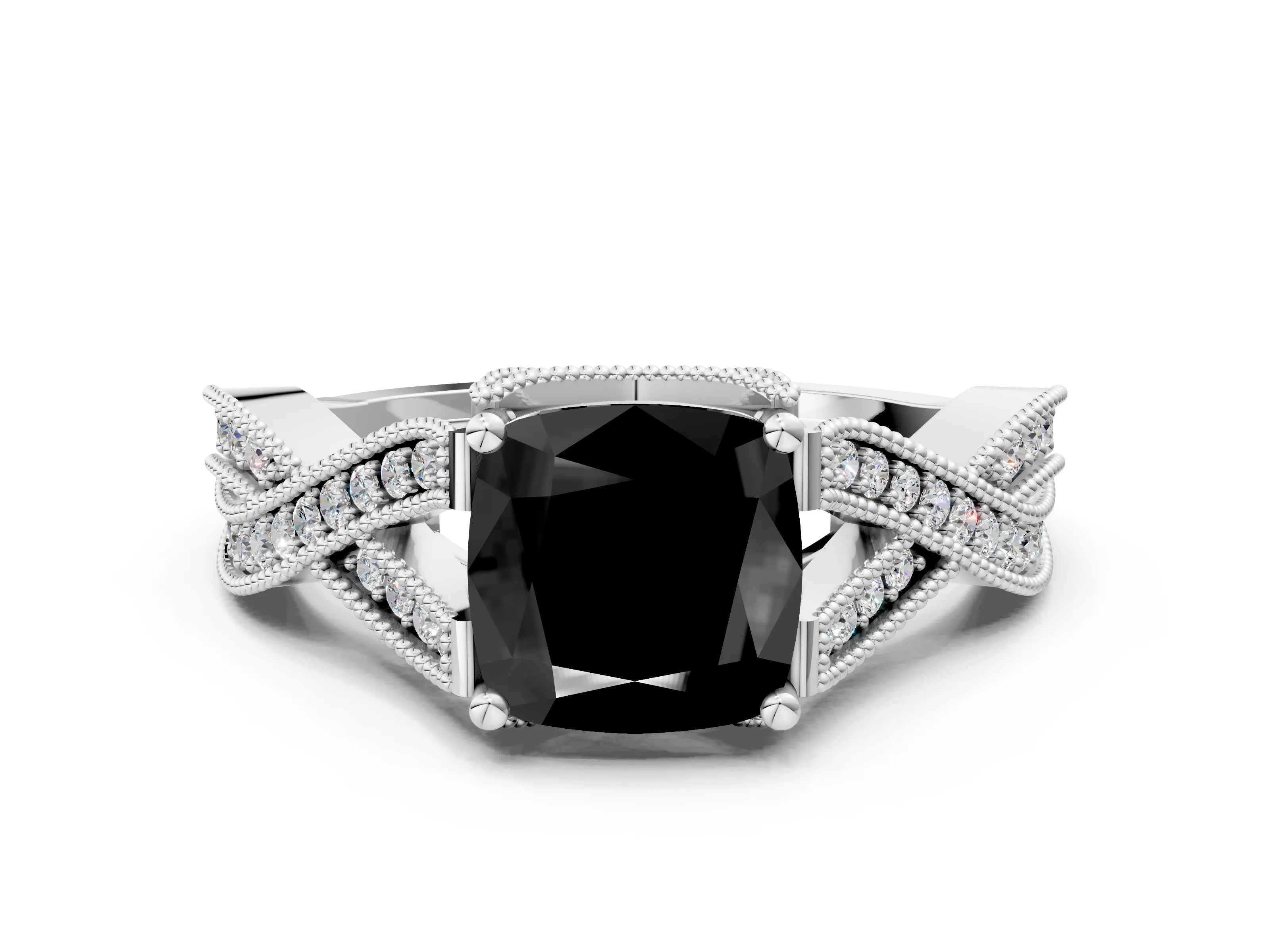White gold Fancy Black Cushion Cut Cut Diamond Twisted Band with Milgrain Pave Setting and Four-Prong Setting