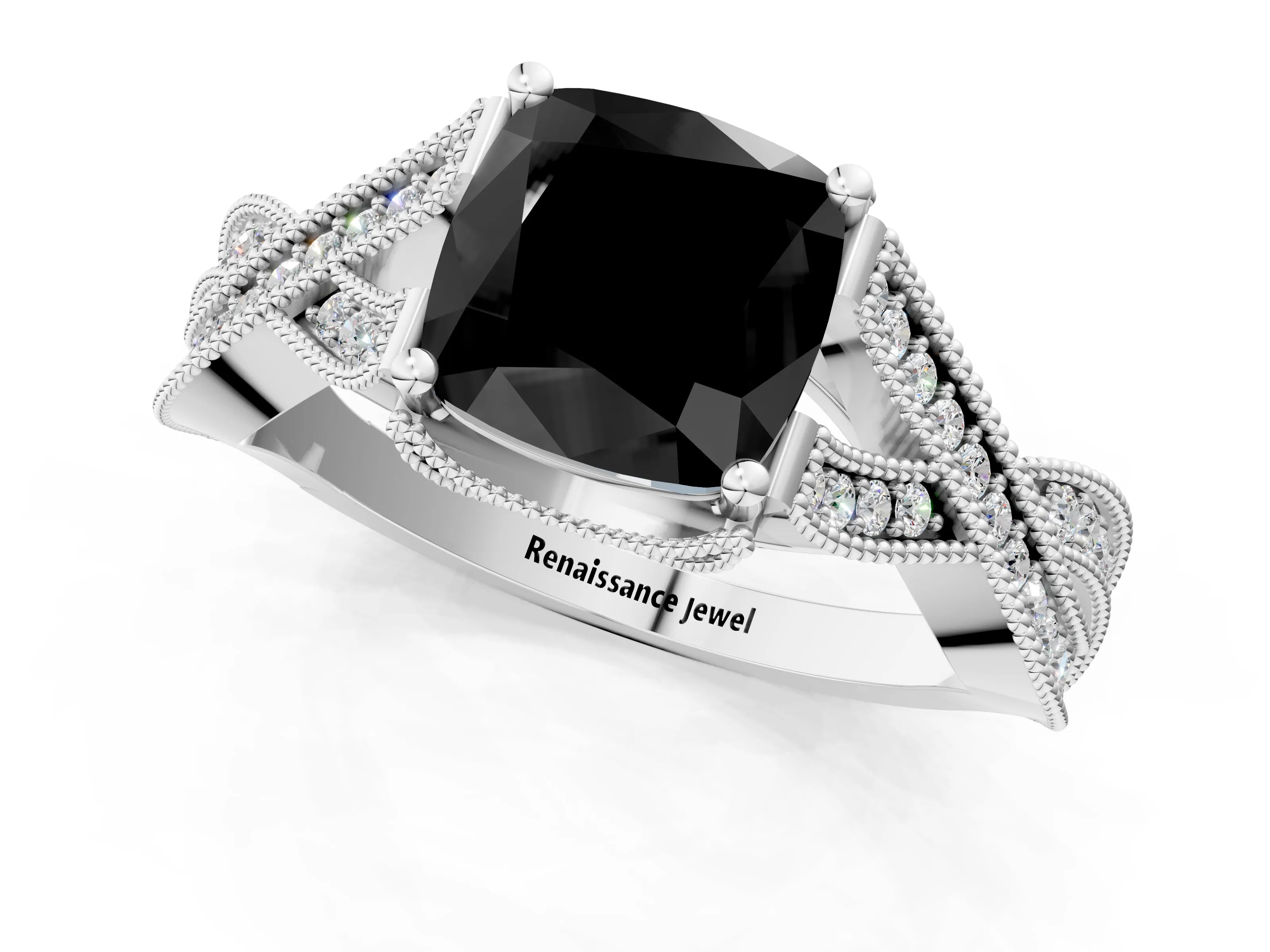 White gold Fancy Black Cushion Cut Cut Diamond Twisted Band with Milgrain Pave Setting and Four-Prong Setting_1