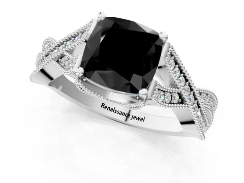 White gold Fancy Black Cushion Cut Cut Diamond Twisted Band with Milgrain Pave Setting and Four-Prong Setting_1