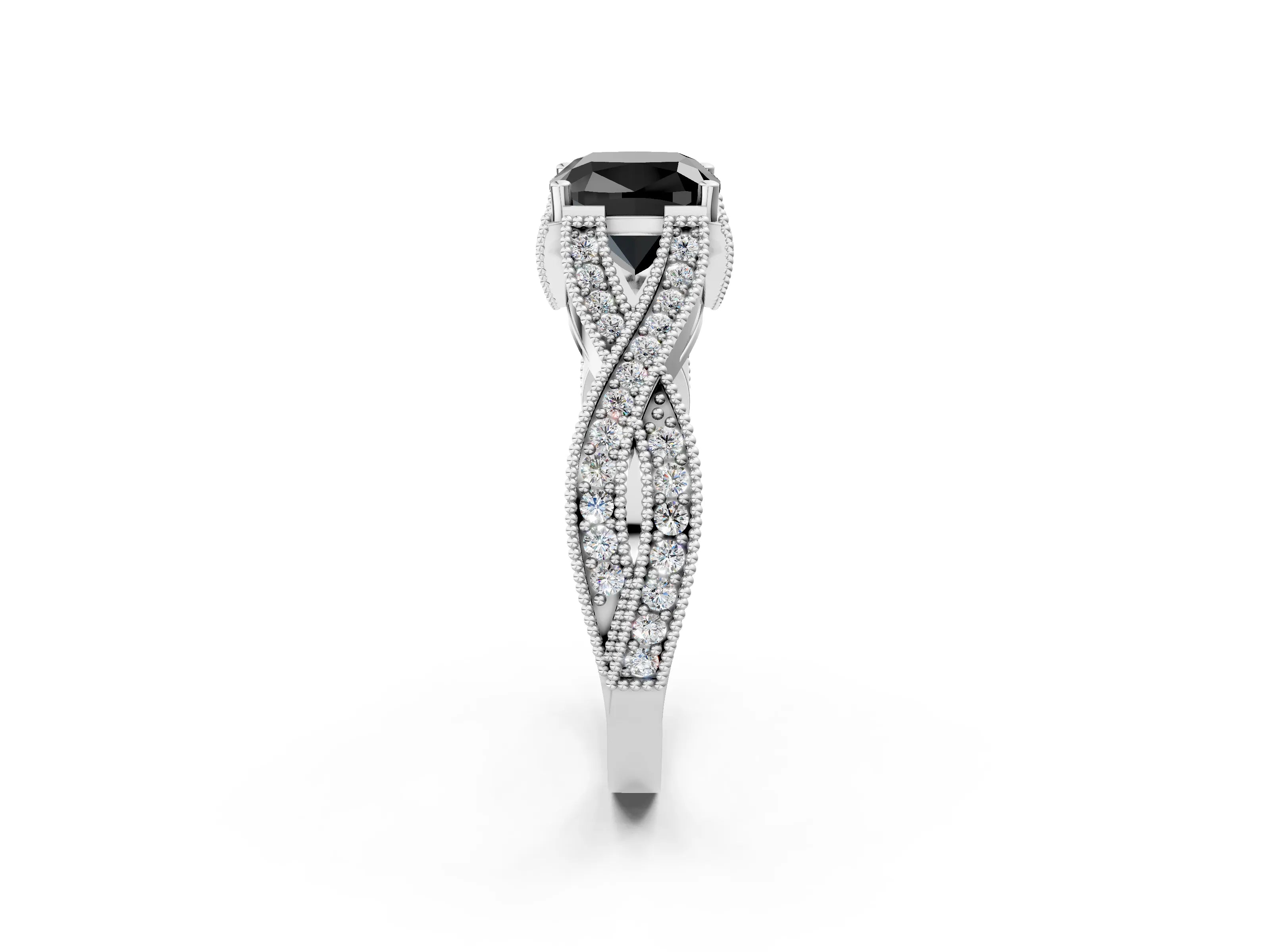 White gold Fancy Black Cushion Cut Cut Diamond Twisted Band with Milgrain Pave Setting and Four-Prong Setting_2