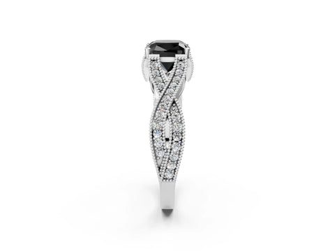 White gold Fancy Black Cushion Cut Cut Diamond Twisted Band with Milgrain Pave Setting and Four-Prong Setting_2