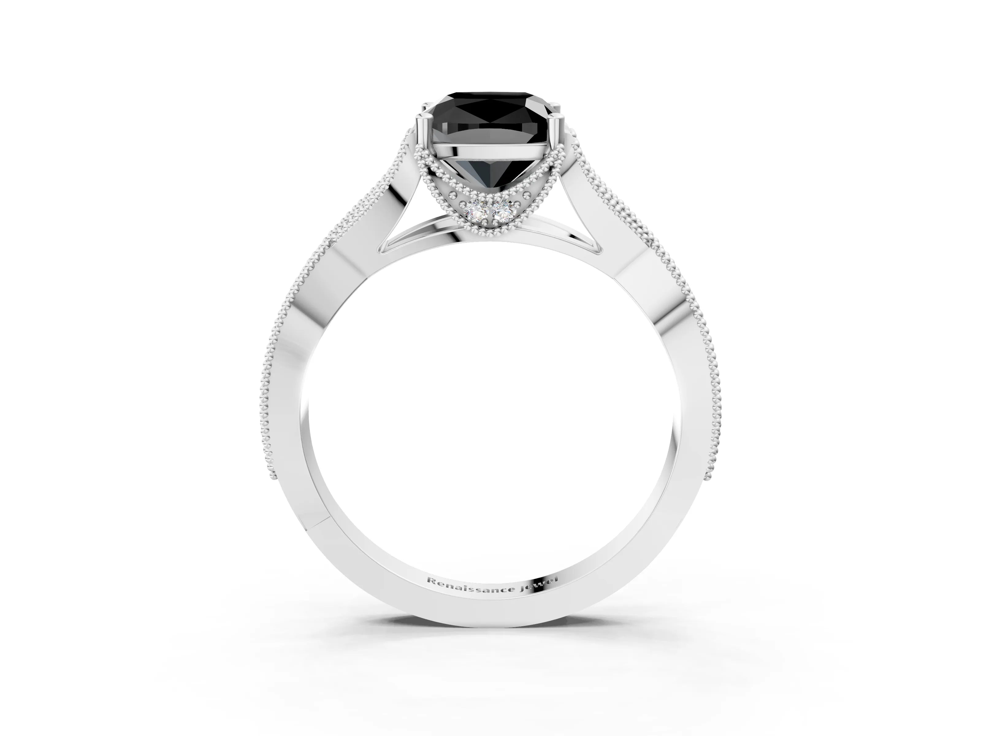 White gold Fancy Black Cushion Cut Cut Diamond Twisted Band with Milgrain Pave Setting and Four-Prong Setting_3