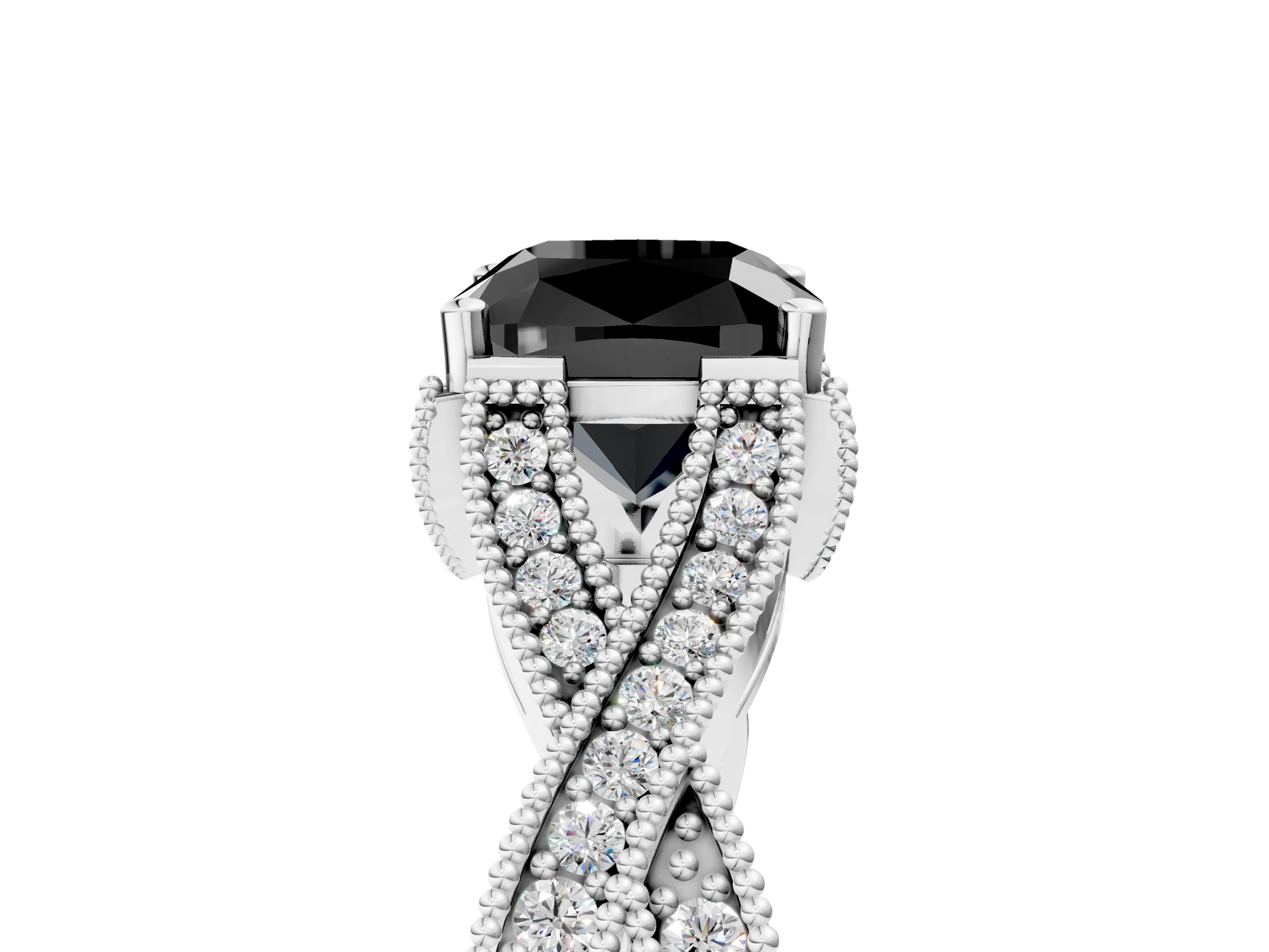 White gold Fancy Black Cushion Cut Cut Diamond Twisted Band with Milgrain Pave Setting and Four-Prong Setting_5
