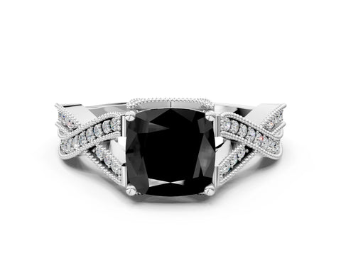 White gold Fancy Black Cushion Cut Cut Diamond Twisted Band with Milgrain Pave Setting and Four-Prong Setting