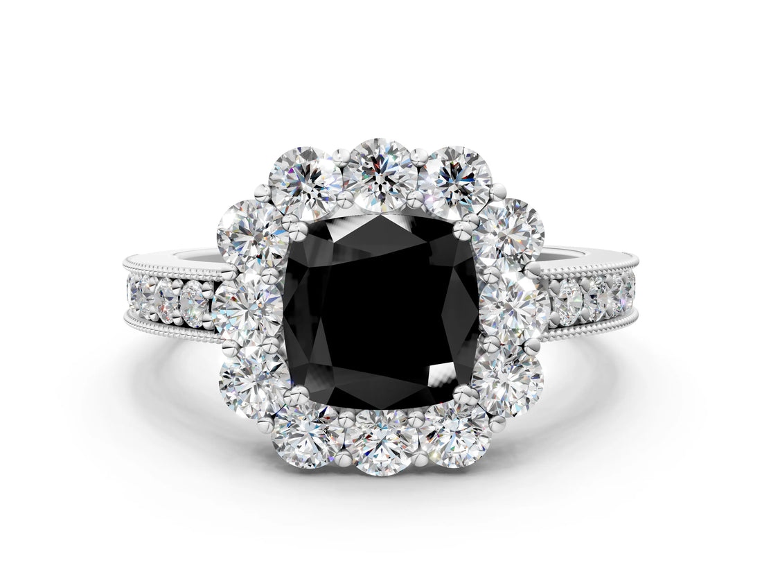 White gold Fancy Black Cushion Cut Cut Halo Diamond Pavé Engagement Ring with Milgrain Detailing_12