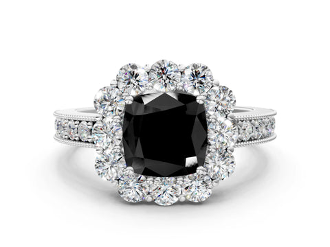 White gold Fancy Black Cushion Cut Cut Halo Diamond Pavé Engagement Ring with Milgrain Detailing_12
