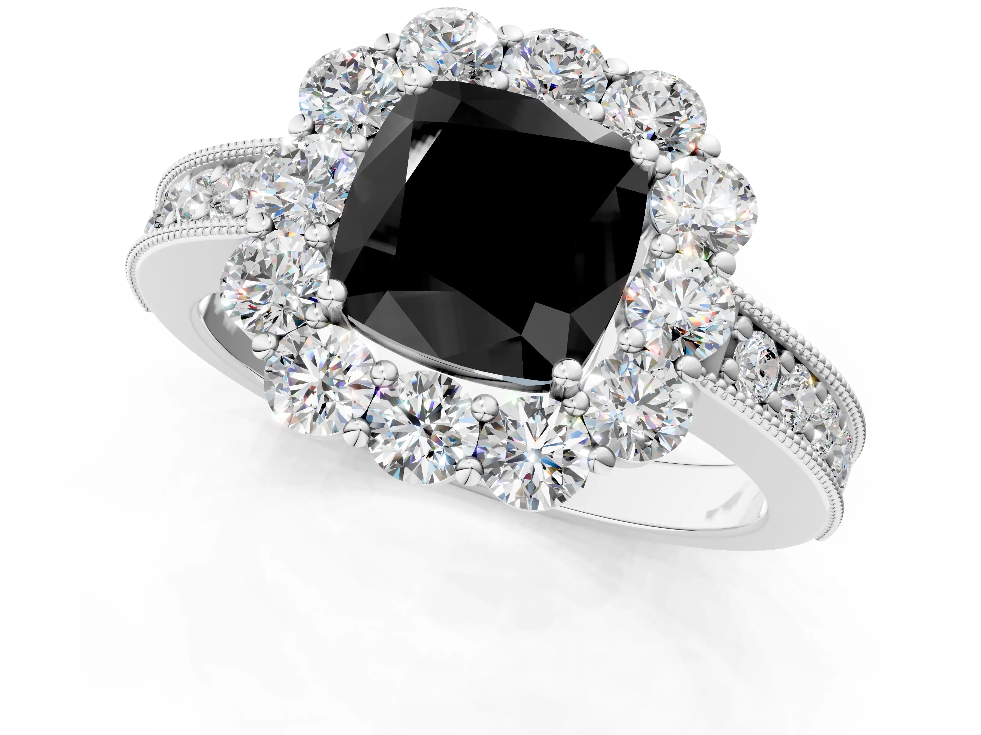 White gold Fancy Black Cushion Cut Cut Halo Diamond Pavé Engagement Ring with Milgrain Detailing_13