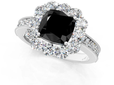 White gold Fancy Black Cushion Cut Cut Halo Diamond Pavé Engagement Ring with Milgrain Detailing_13
