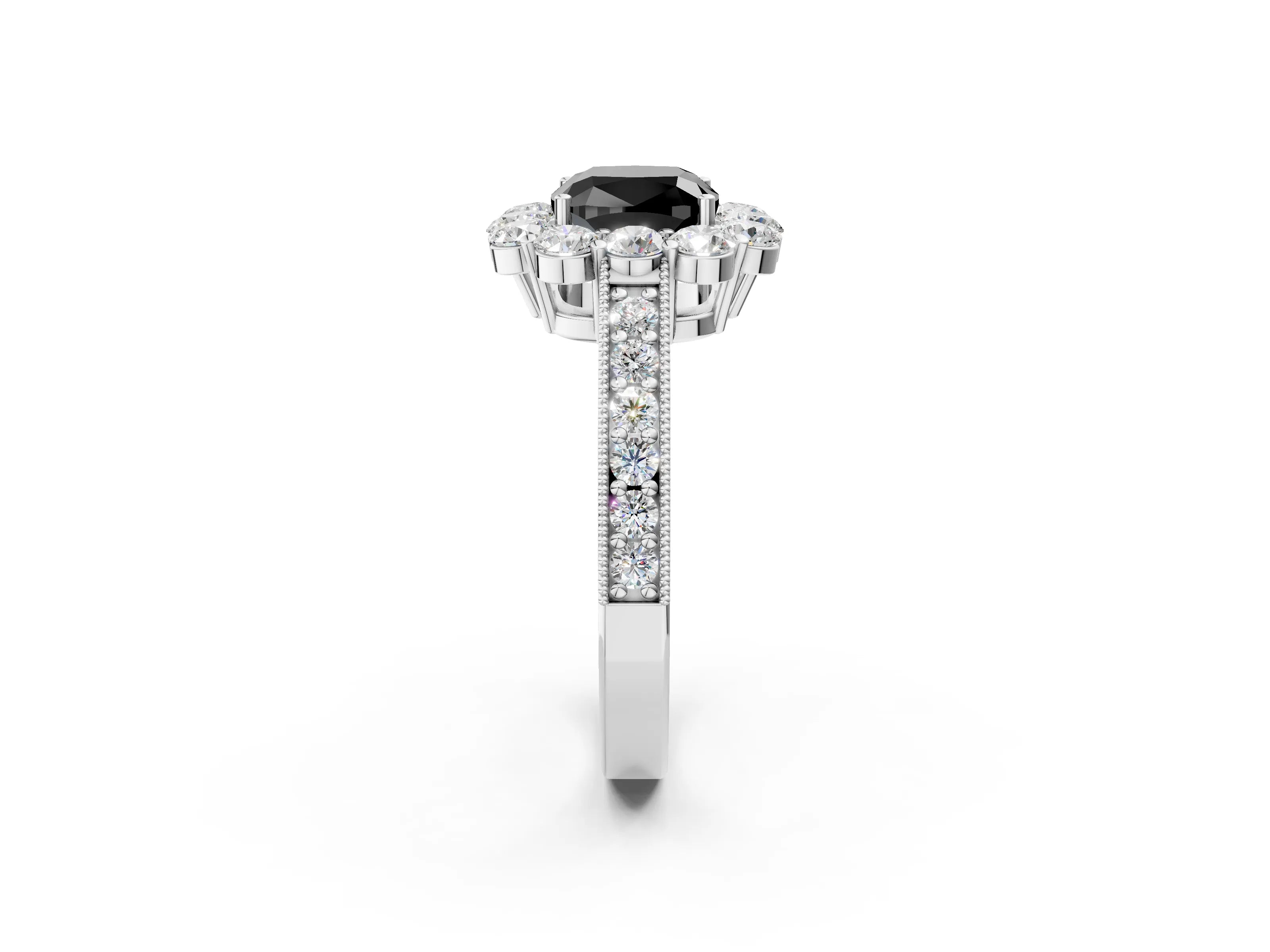White gold Fancy Black Cushion Cut Cut Halo Diamond Pavé Engagement Ring with Milgrain Detailing_14