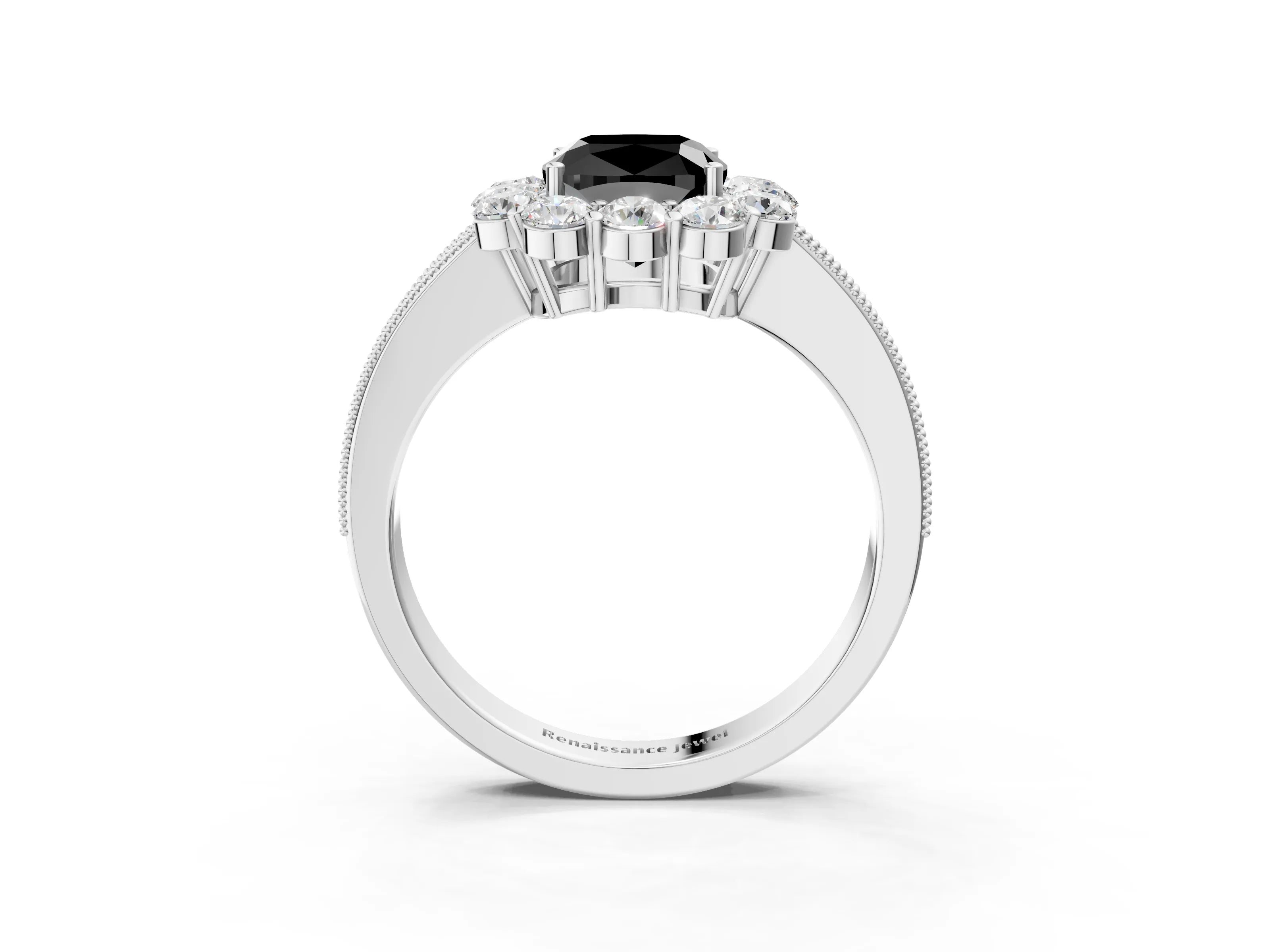 White gold Fancy Black Cushion Cut Cut Halo Diamond Pavé Engagement Ring with Milgrain Detailing_15