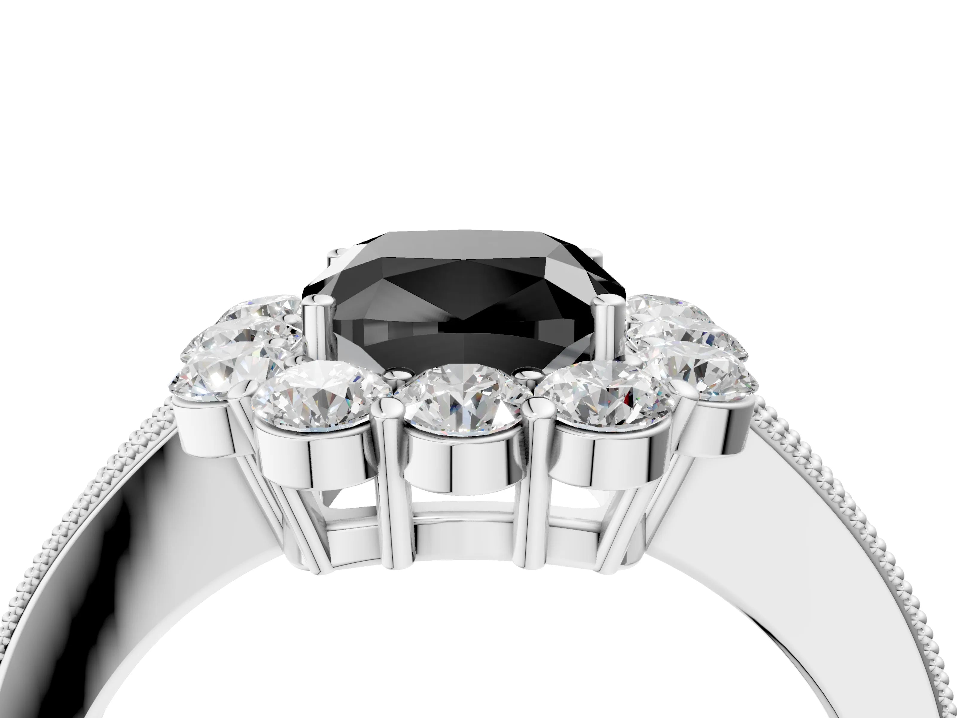 White gold Fancy Black Cushion Cut Cut Halo Diamond Pavé Engagement Ring with Milgrain Detailing_16