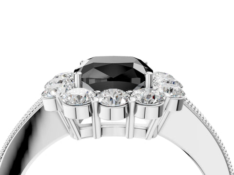 White gold Fancy Black Cushion Cut Cut Halo Diamond Pavé Engagement Ring with Milgrain Detailing_16