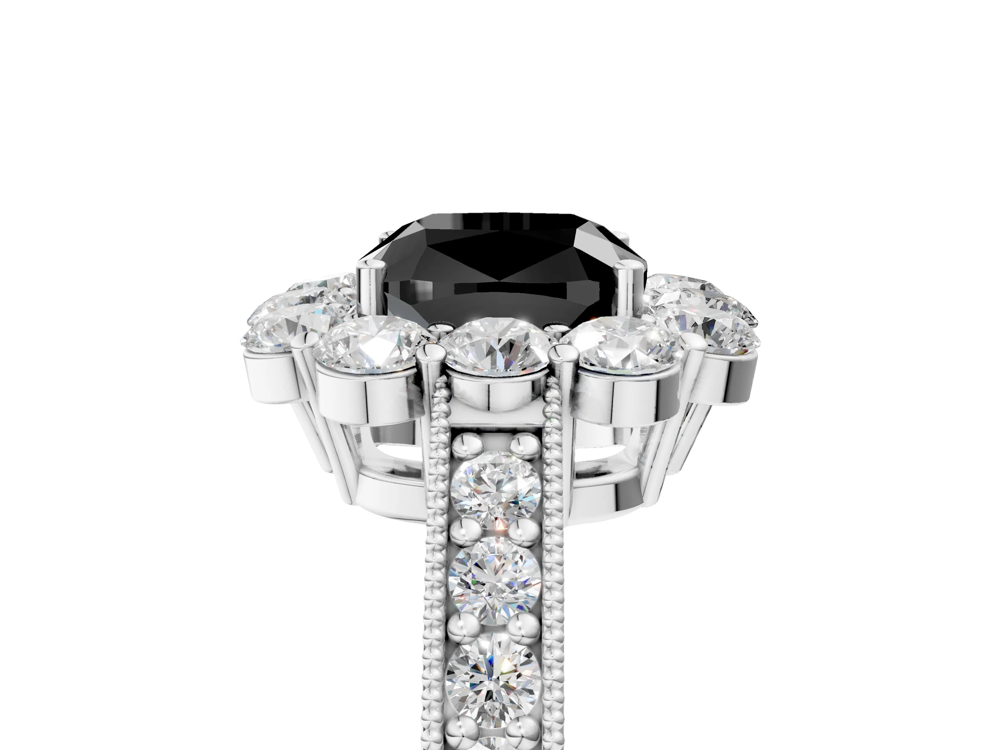 White gold Fancy Black Cushion Cut Cut Halo Diamond Pavé Engagement Ring with Milgrain Detailing_17
