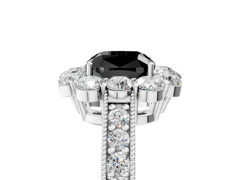 White gold Fancy Black Cushion Cut Cut Halo Diamond Pavé Engagement Ring with Milgrain Detailing_17