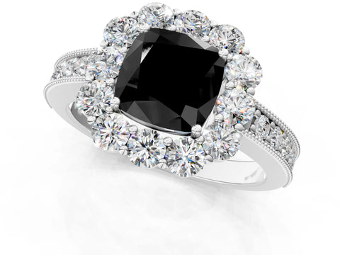 White gold Fancy Black Cushion Cut Cut Halo Diamond Pavé Engagement Ring with Milgrain Detailing_1