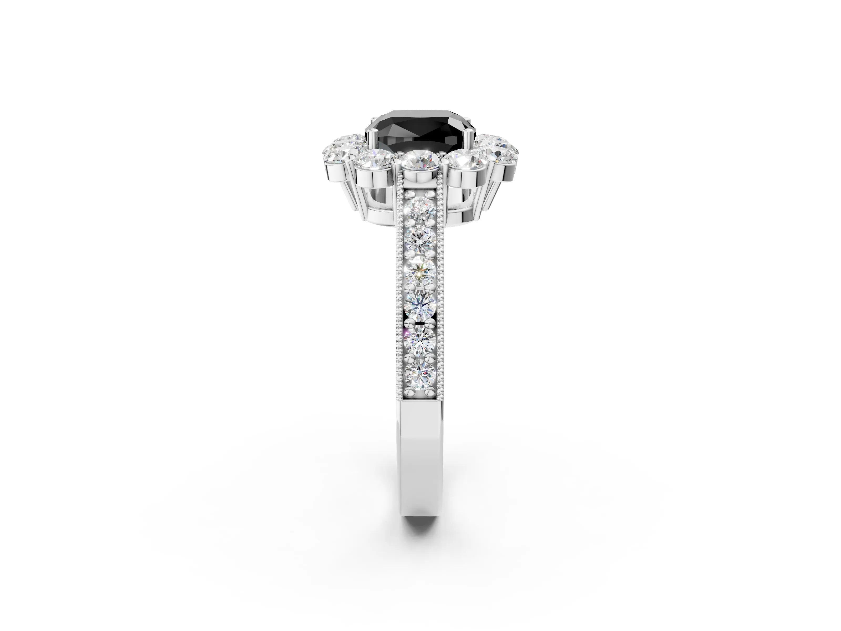 White gold Fancy Black Cushion Cut Cut Halo Diamond Pavé Engagement Ring with Milgrain Detailing_2