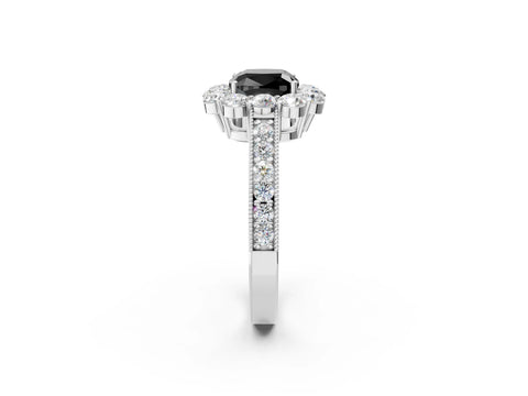 White gold Fancy Black Cushion Cut Cut Halo Diamond Pavé Engagement Ring with Milgrain Detailing_2