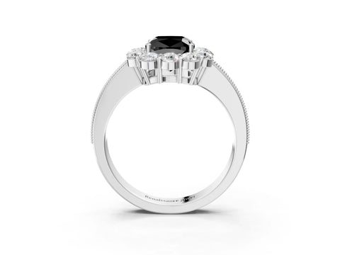 White gold Fancy Black Cushion Cut Cut Halo Diamond Pavé Engagement Ring with Milgrain Detailing_3