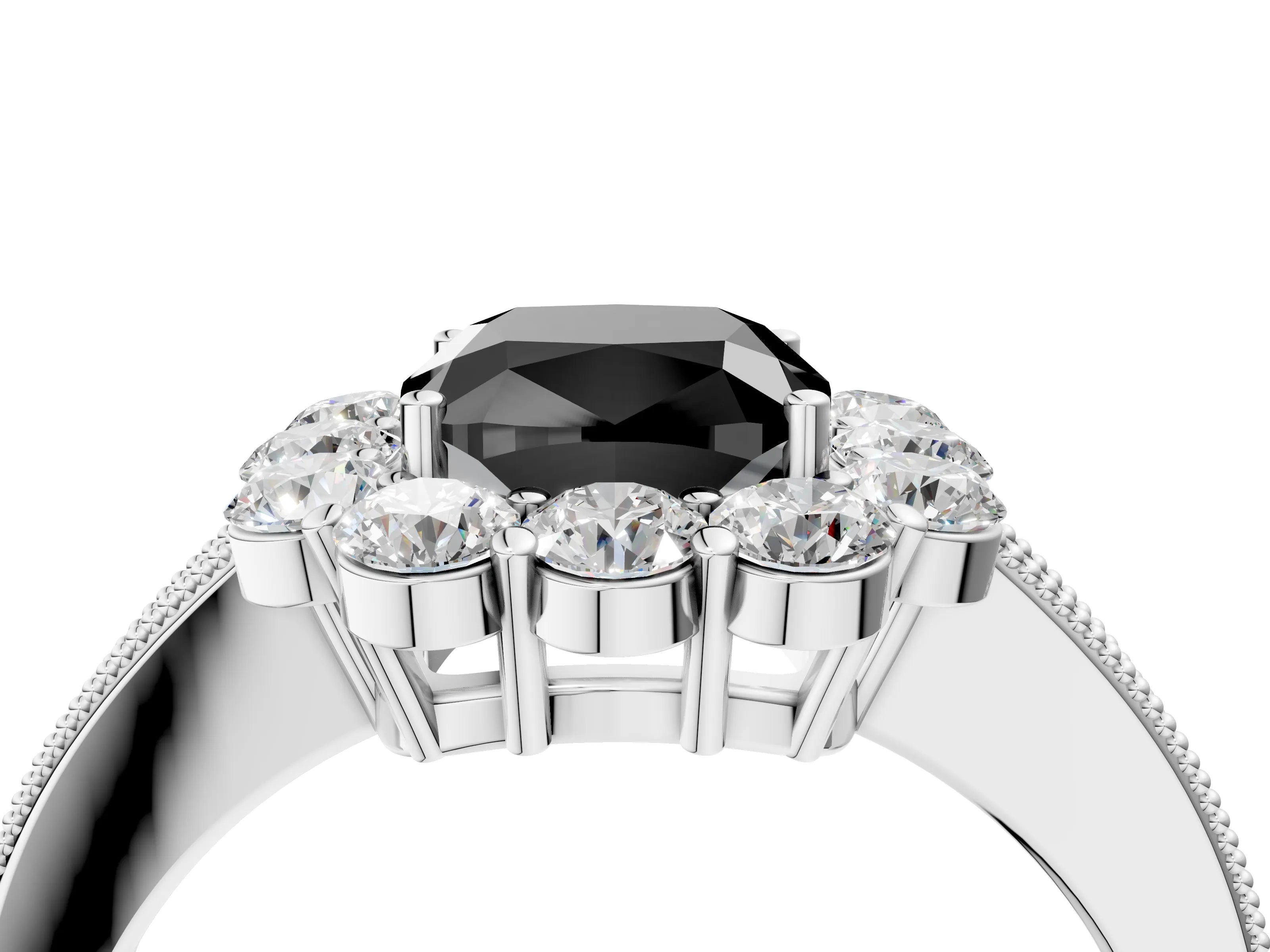 White gold Fancy Black Cushion Cut Cut Halo Diamond Pavé Engagement Ring with Milgrain Detailing_4