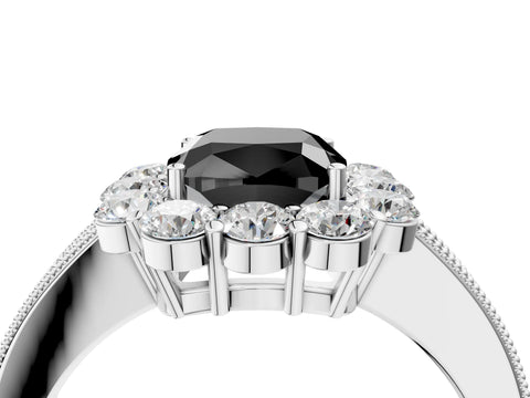 White gold Fancy Black Cushion Cut Cut Halo Diamond Pavé Engagement Ring with Milgrain Detailing_4