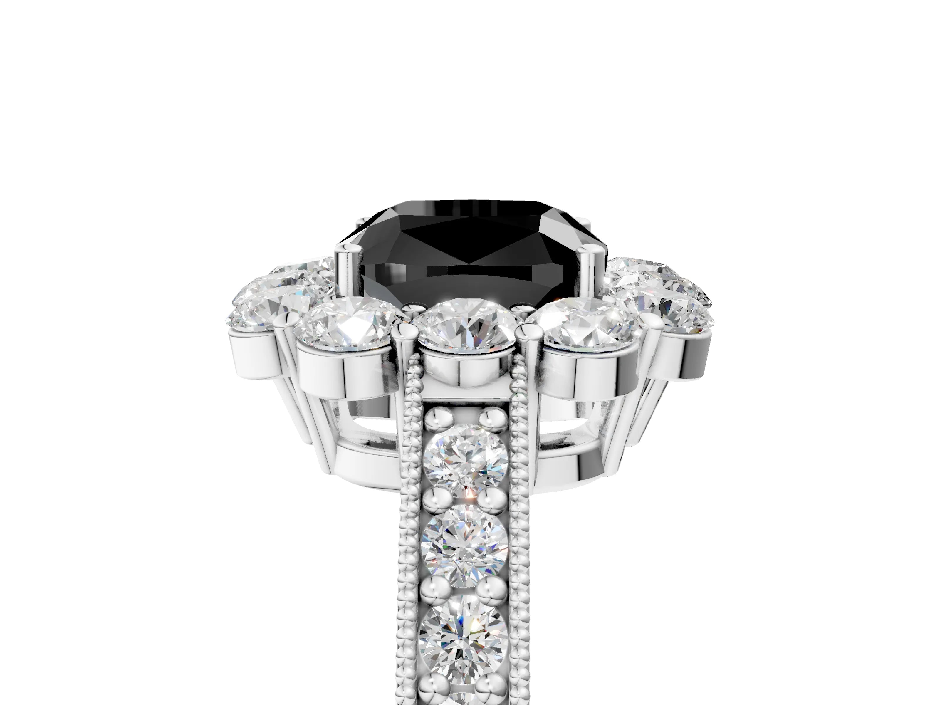 White gold Fancy Black Cushion Cut Cut Halo Diamond Pavé Engagement Ring with Milgrain Detailing_5