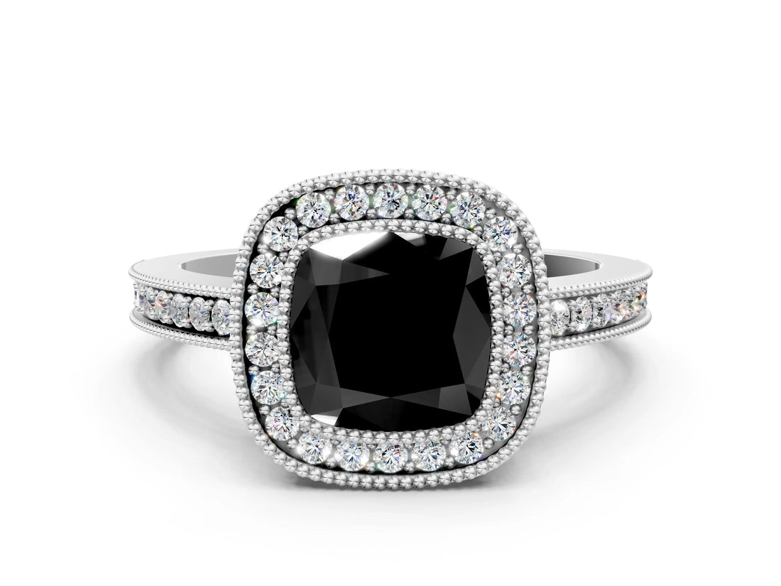 White gold Fancy Black Cushion Cut Cut Halo Pavé Diamond Ring