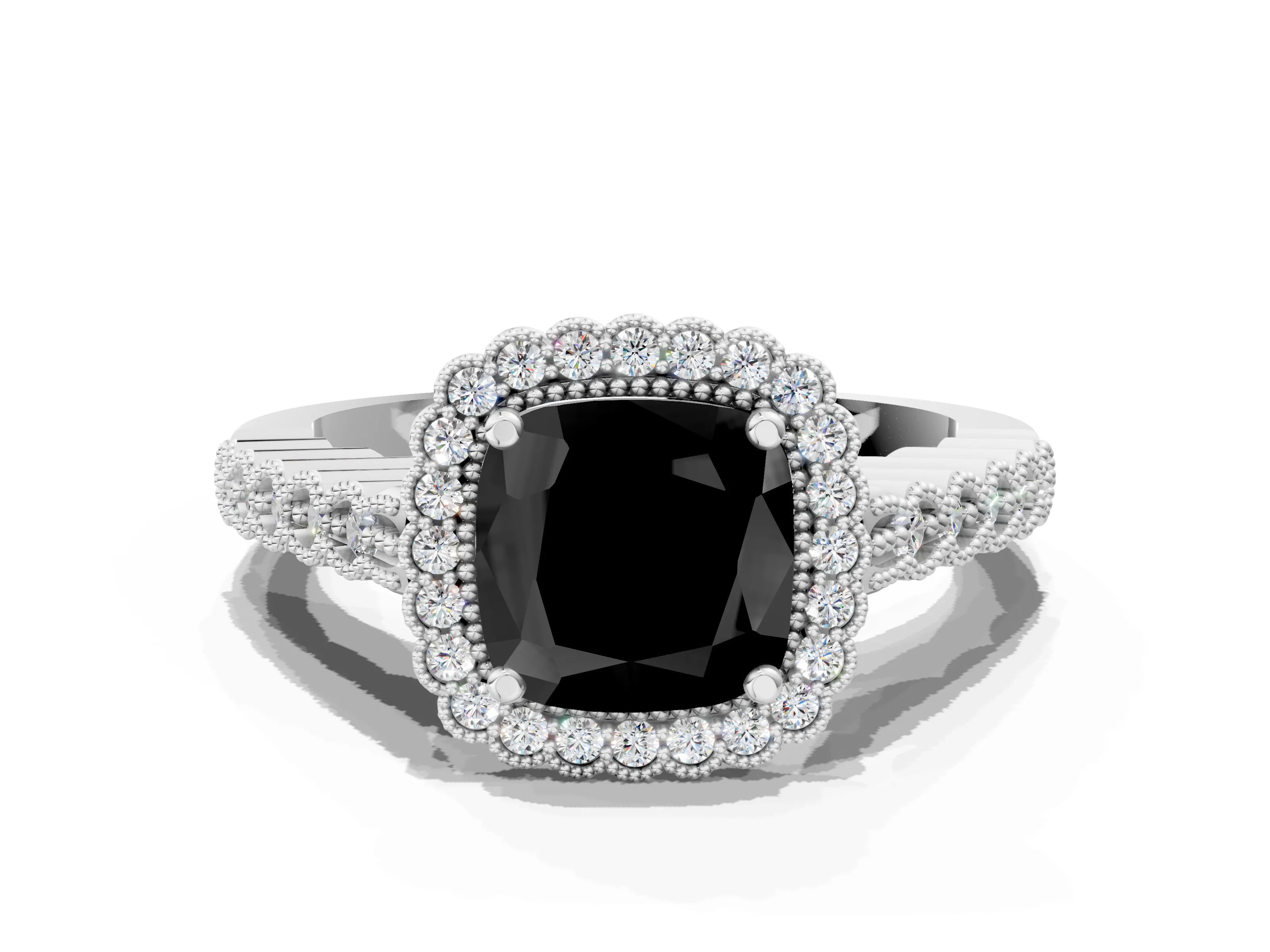 White gold Fancy Black Cushion Cut Cut Halo Pavé Solitaire Ring with Milgrain Band
