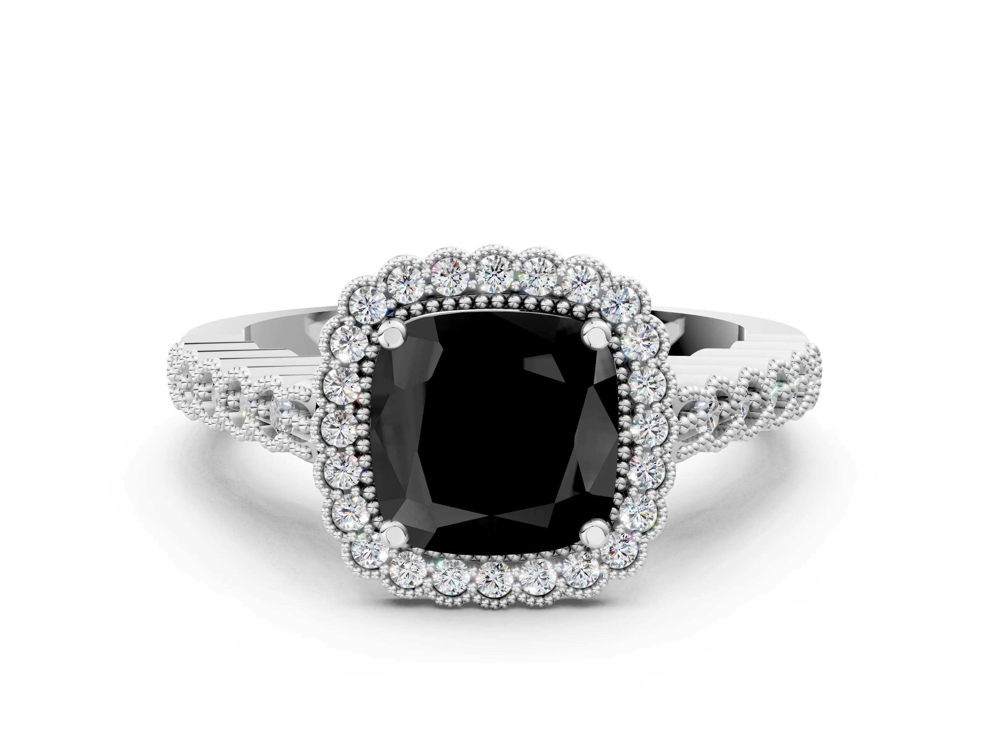 White gold Fancy Black Cushion Cut Cut Halo Pavé Solitaire Ring with Milgrain Band_12