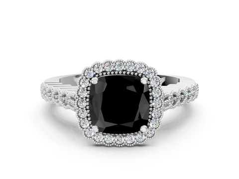 White gold Fancy Black Cushion Cut Cut Halo Pavé Solitaire Ring with Milgrain Band_12