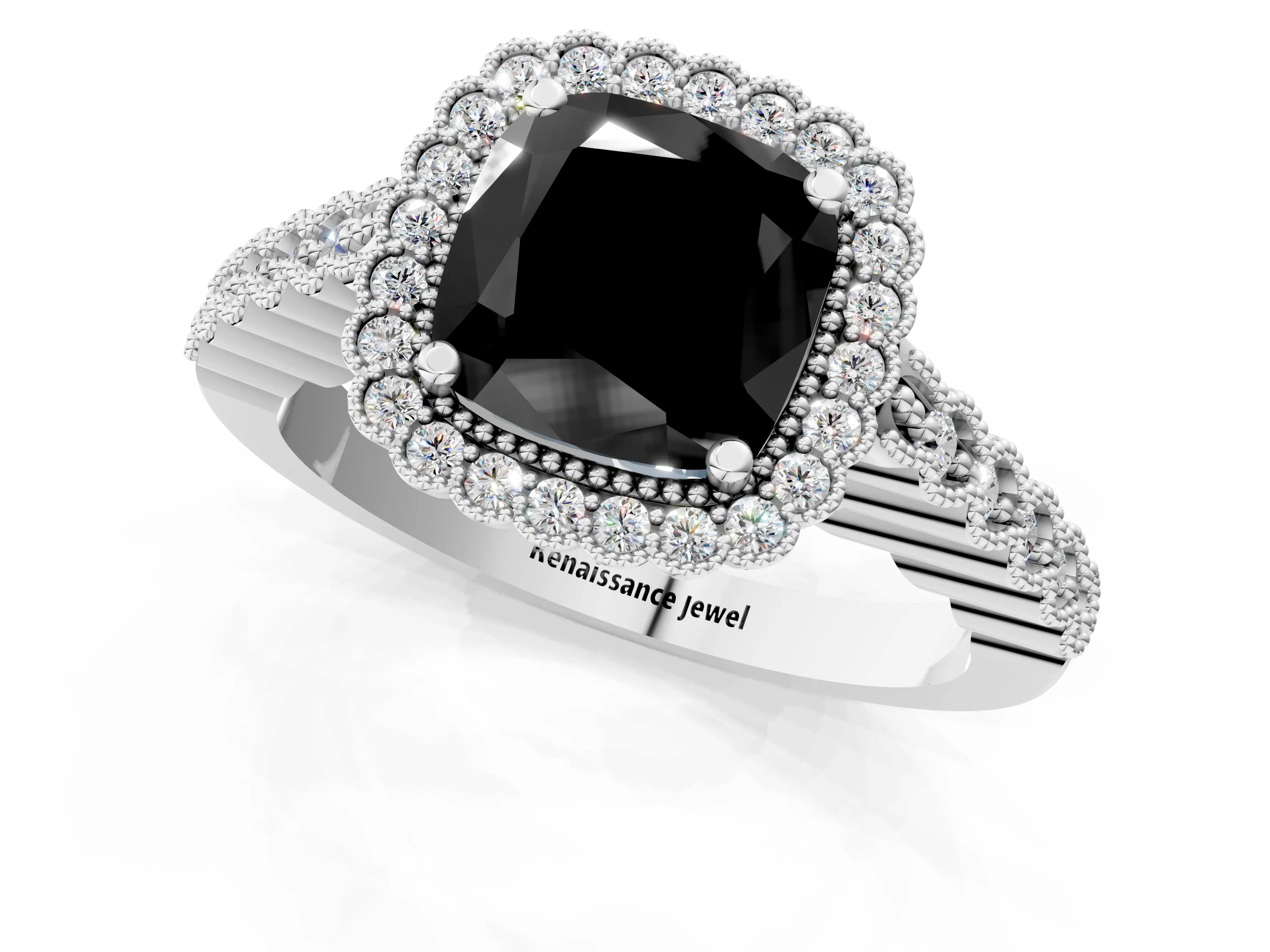 White gold Fancy Black Cushion Cut Cut Halo Pavé Solitaire Ring with Milgrain Band_13