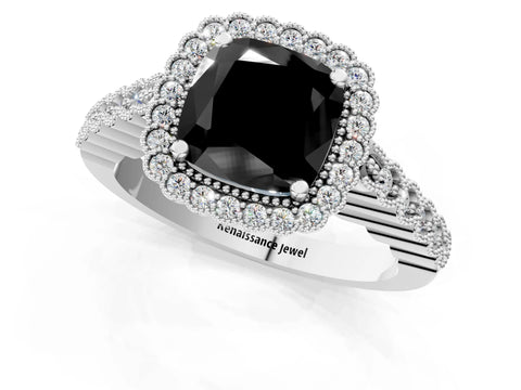 White gold Fancy Black Cushion Cut Cut Halo Pavé Solitaire Ring with Milgrain Band_13