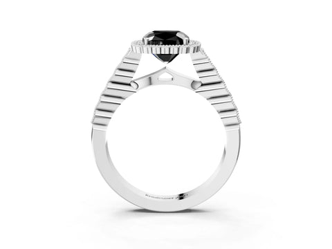 White gold Fancy Black Cushion Cut Cut Halo Pavé Solitaire Ring with Milgrain Band_15