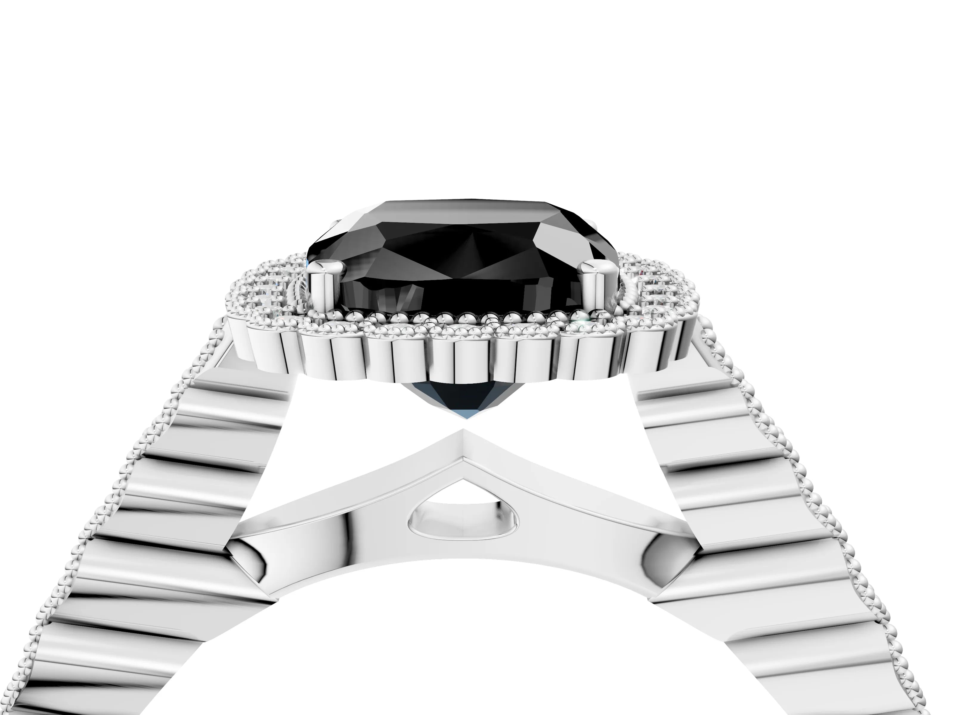 White gold Fancy Black Cushion Cut Cut Halo Pavé Solitaire Ring with Milgrain Band_16
