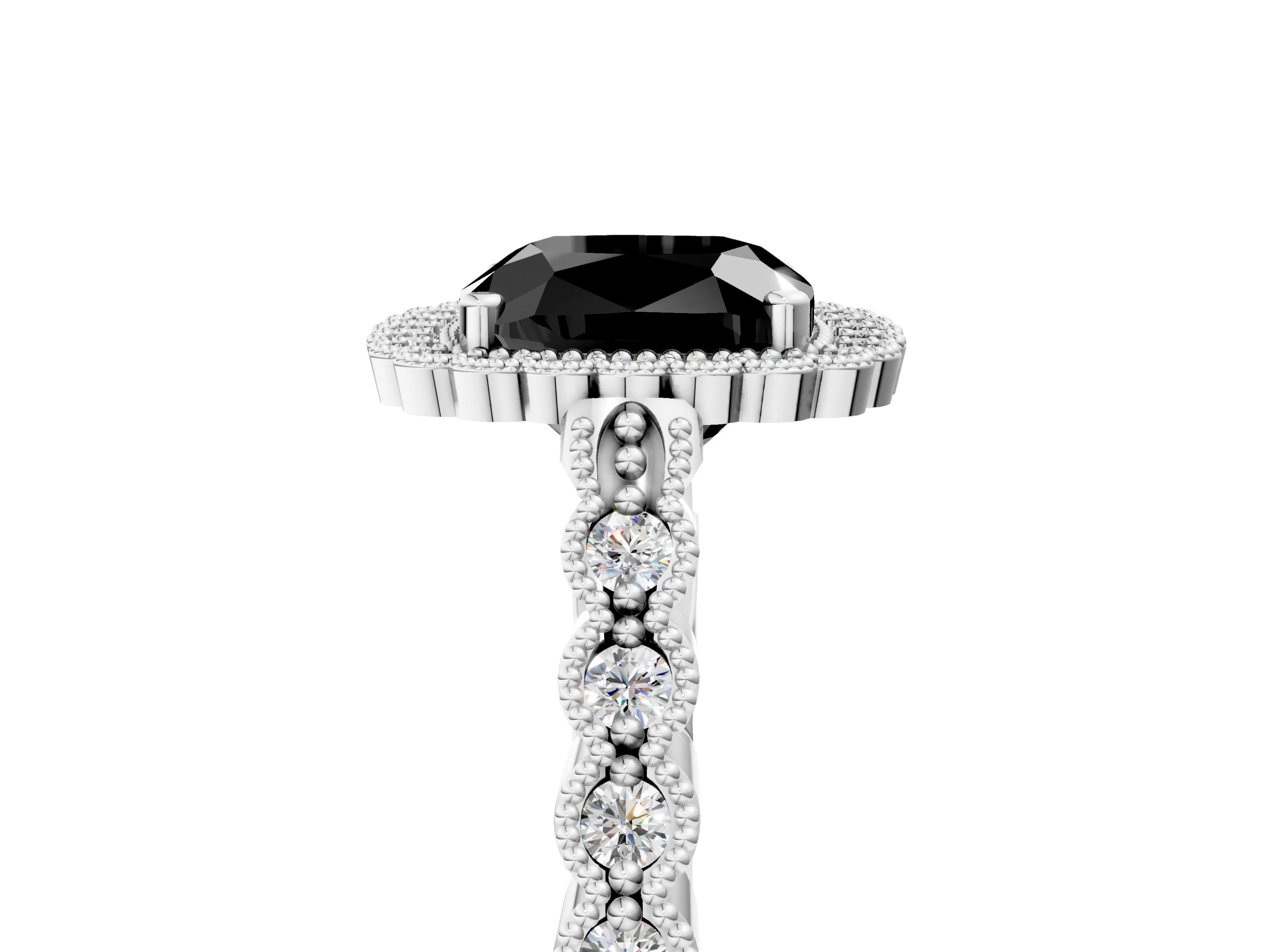 White gold Fancy Black Cushion Cut Cut Halo Pavé Solitaire Ring with Milgrain Band_17