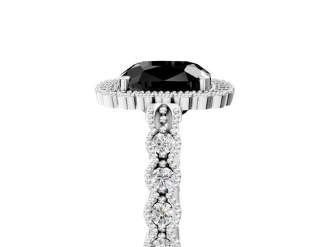 White gold Fancy Black Cushion Cut Cut Halo Pavé Solitaire Ring with Milgrain Band_17