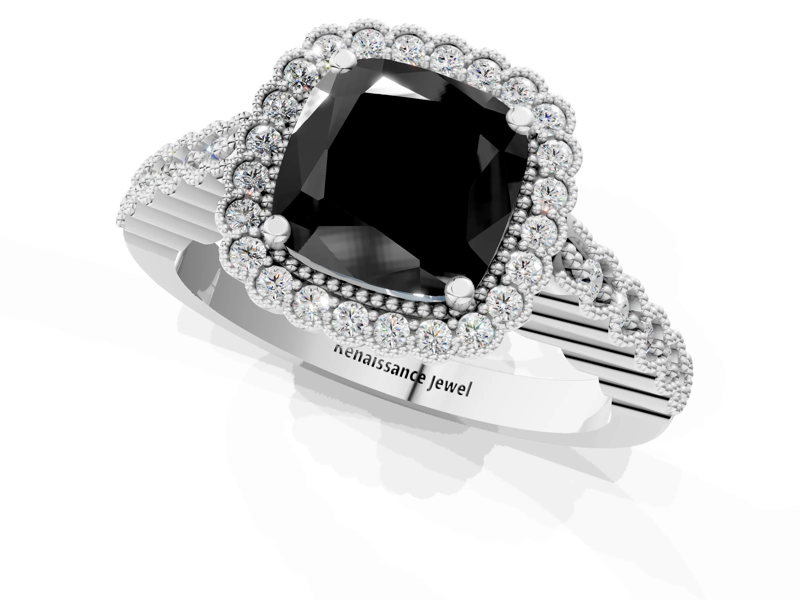 White gold Fancy Black Cushion Cut Cut Halo Pavé Solitaire Ring with Milgrain Band_1