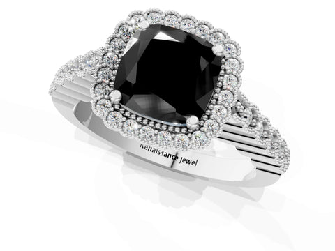White gold Fancy Black Cushion Cut Cut Halo Pavé Solitaire Ring with Milgrain Band_1