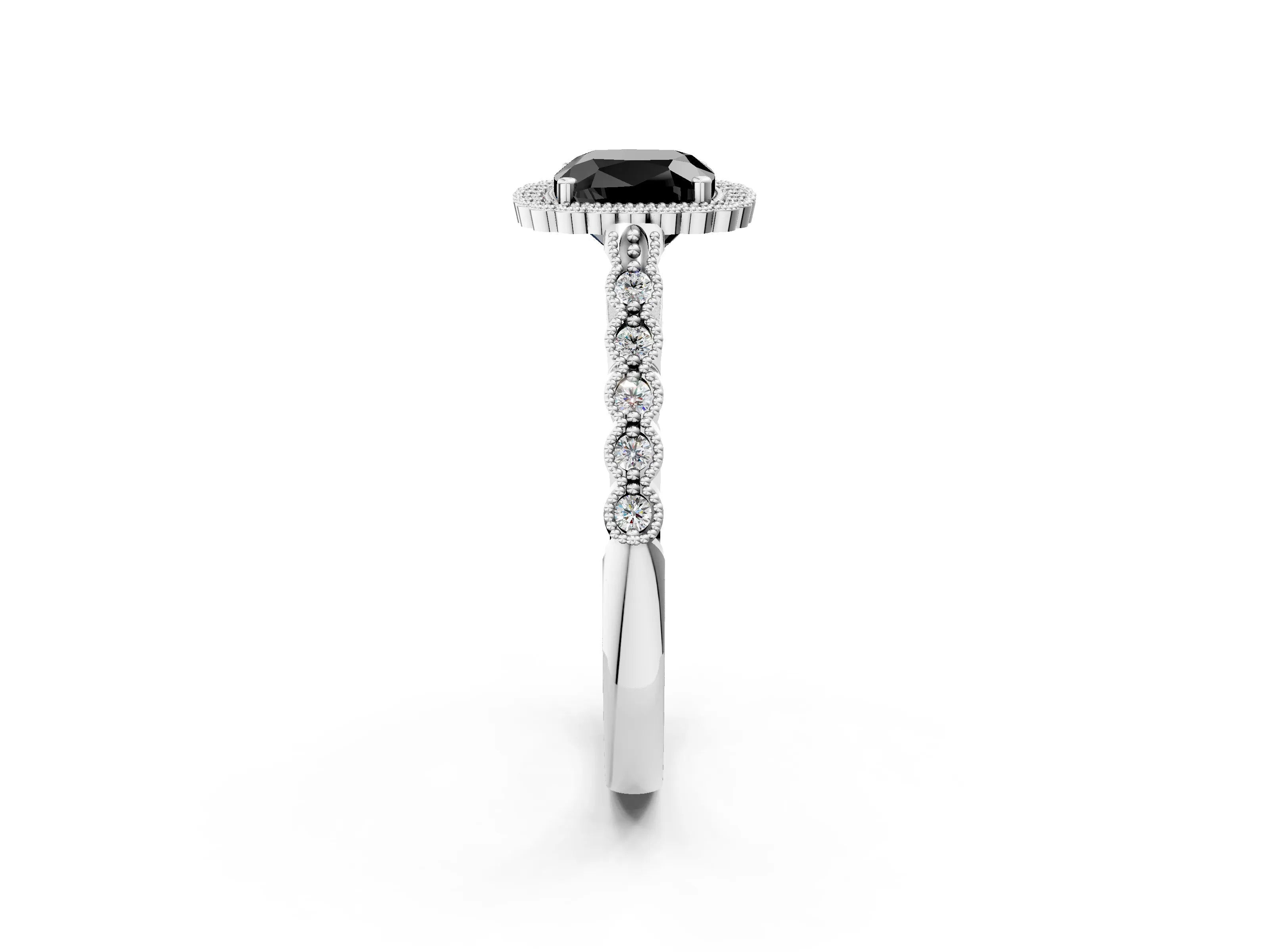 White gold Fancy Black Cushion Cut Cut Halo Pavé Solitaire Ring with Milgrain Band_2