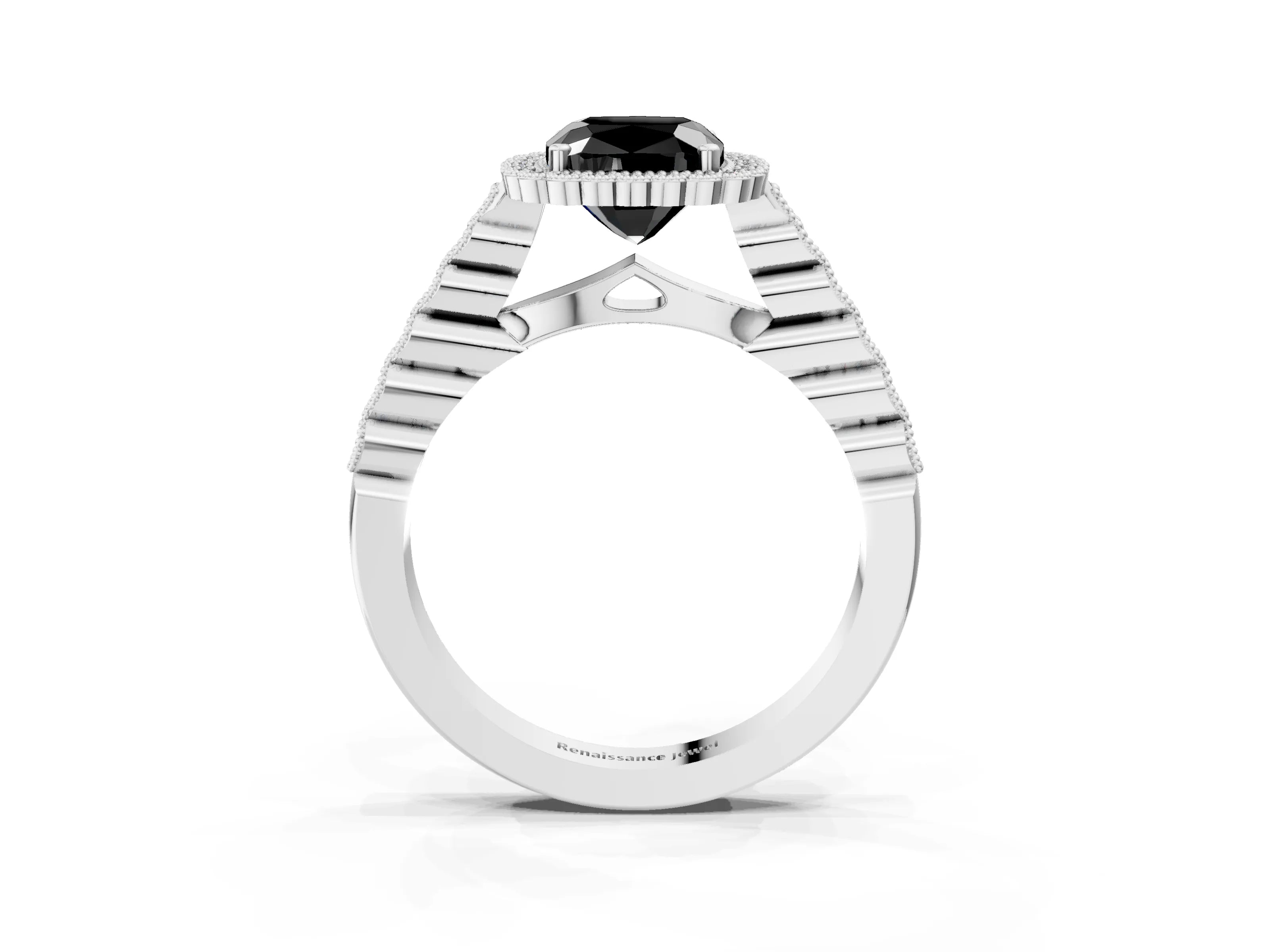 White gold Fancy Black Cushion Cut Cut Halo Pavé Solitaire Ring with Milgrain Band_3