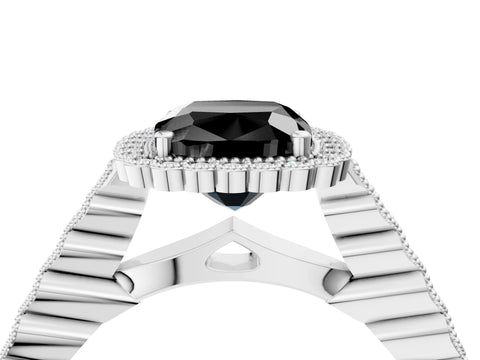 White gold Fancy Black Cushion Cut Cut Halo Pavé Solitaire Ring with Milgrain Band_4