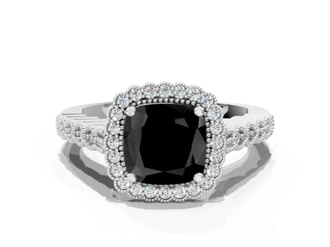 White gold Fancy Black Cushion Cut Cut Halo Pavé Solitaire Ring with Milgrain Band