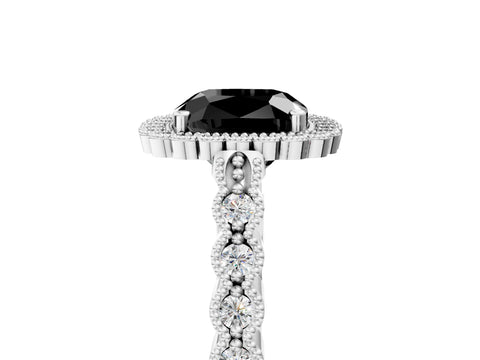 White gold Fancy Black Cushion Cut Cut Halo Pavé Solitaire Ring with Milgrain Band_5